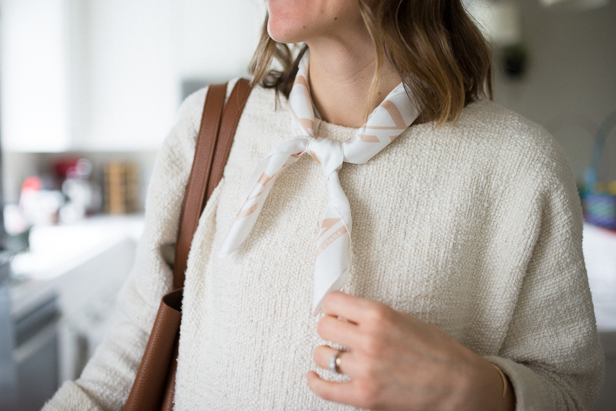 Cuyana Silk Scarf, Cuyana Classic Leather Tote, Jamie + the Jones T Sweater